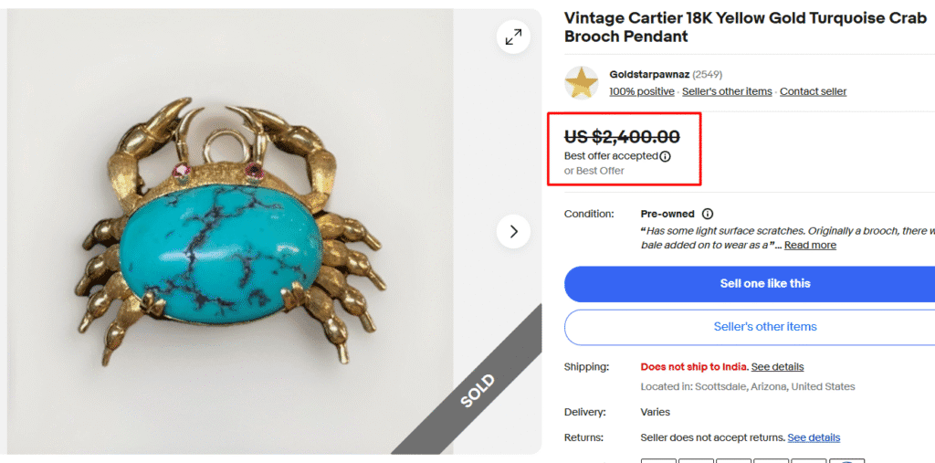 Cartier Turquoise Yellow Gold Crab Brooch Pendant