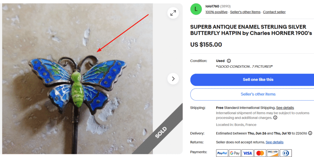 Charles Horner Sterling Enamel Butterfly Hatpin