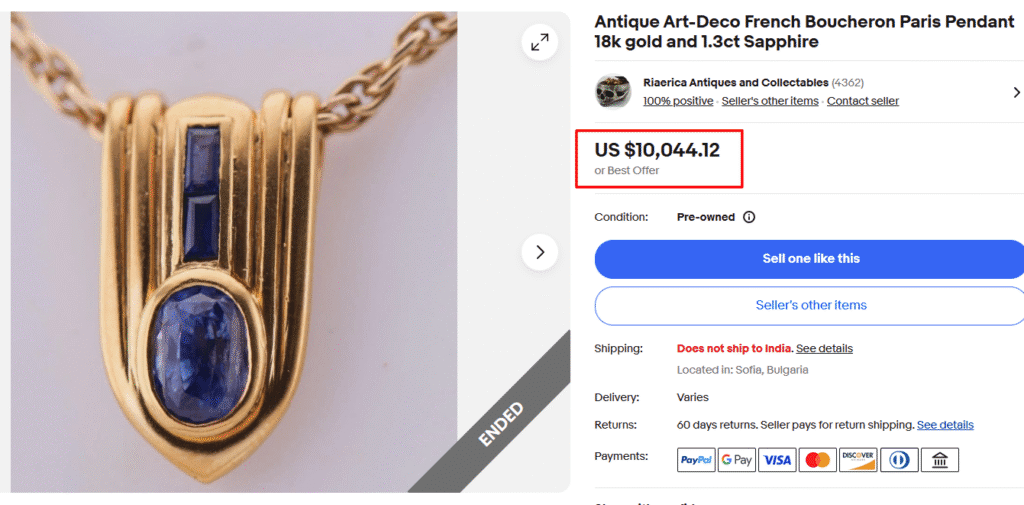 French Boucheron Paris 18k Gold Sapphire Pendant