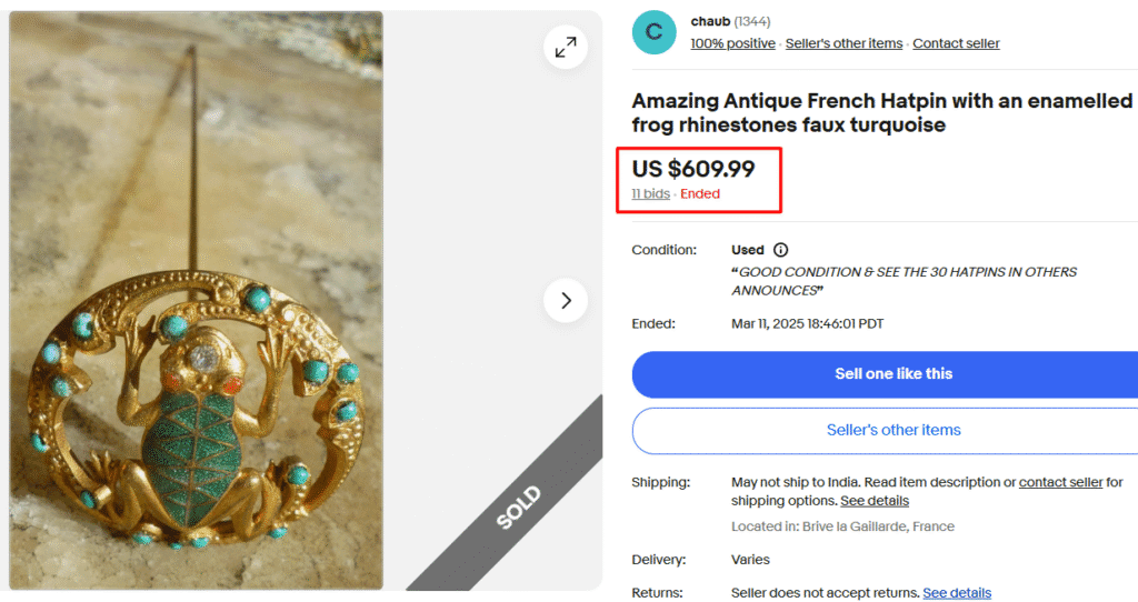 French Enamelled Frog Hatpin with Rhinestones & Faux Turquoise