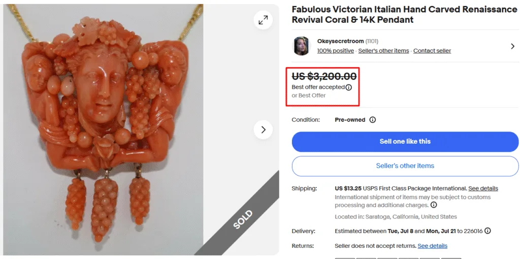 Hand Carved Renaissance Revival Coral Gold Pendant