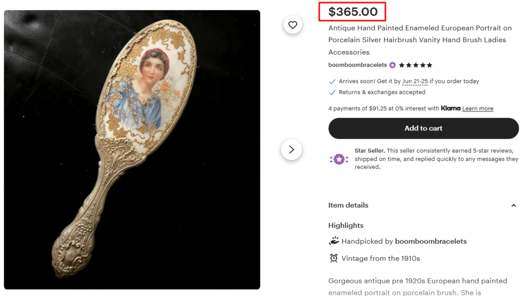 Hand Painted Portrait Enameled & Silver Hairbrush