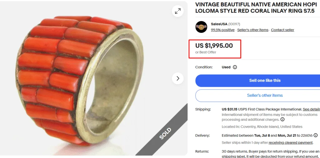 Native American Hopi Loloma Style Coral Ring