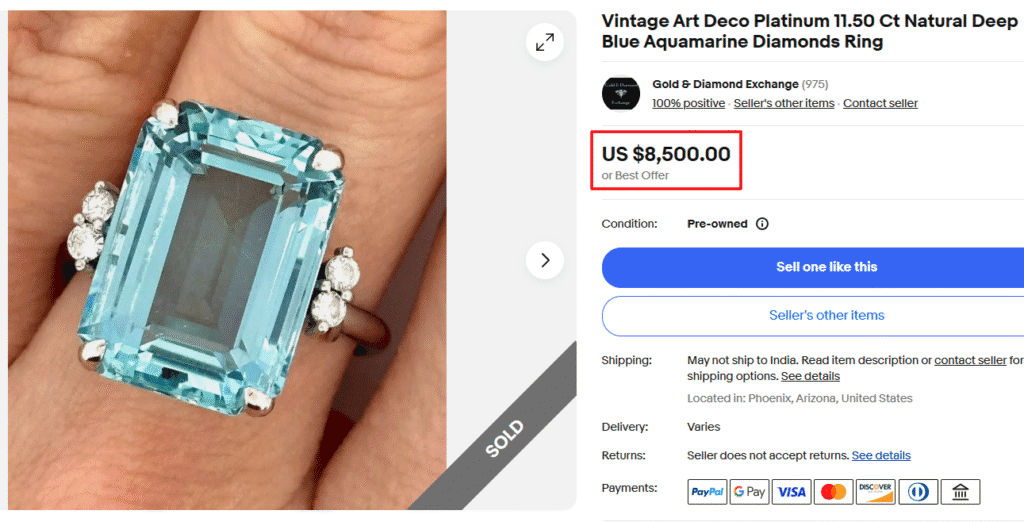 Natural Deep Blue Aquamarine Diamond Platinum Ring