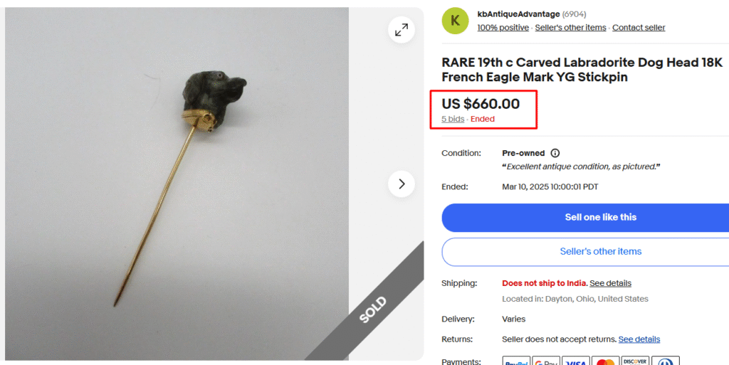 Rare 19th c Labradorite Dog Head Hat Pin