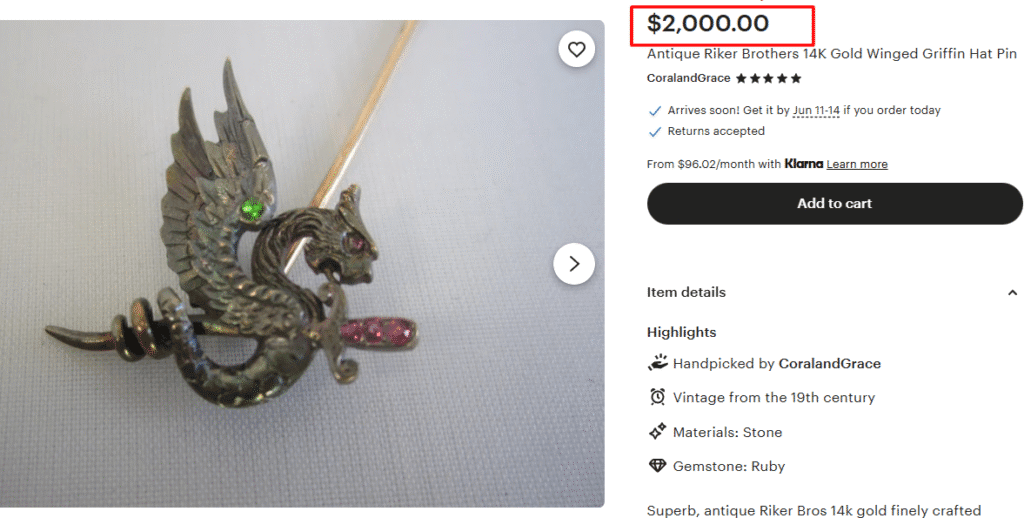 Riker Brothers 14K Gold Winged Griffin Hat Pin