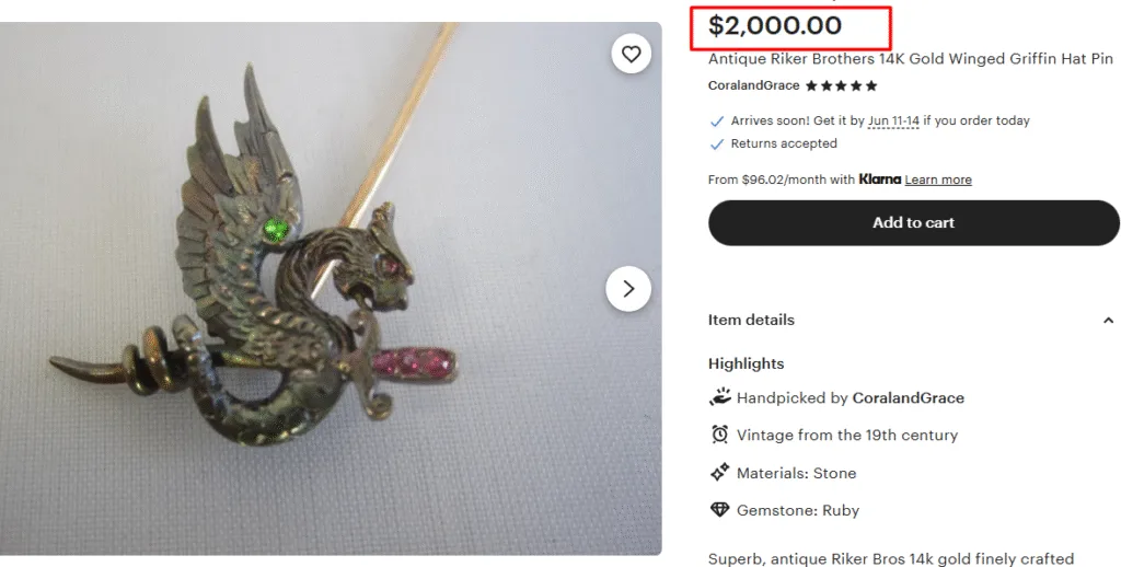 Riker Brothers 14K Gold Winged Griffin Hat Pin