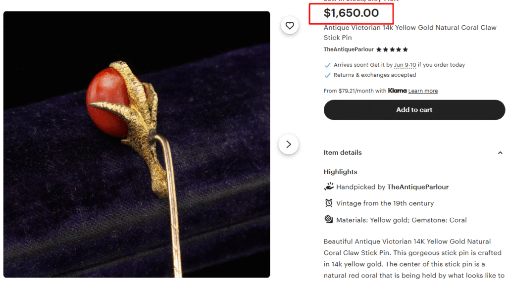 Victorian 14k Gold Natural Coral Claw Hat Pin