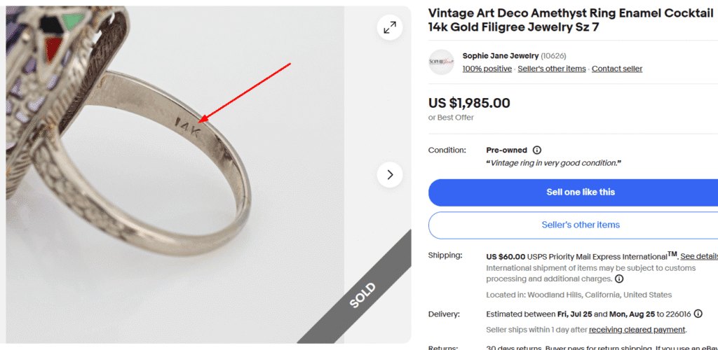 Vintage Art Deco Cocktail Ring Hallmark