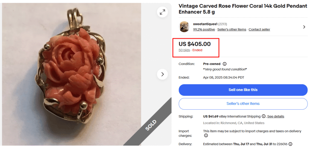 Vintage Carved Rose Coral Gold Pendant