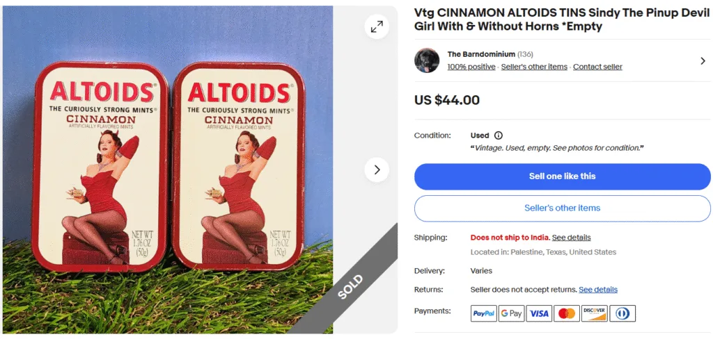 Vintage Cinnamon Altoids Tin with Sindy The Pinup Devil Girl