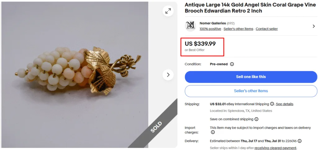 Vintage Gold Angel Skin Coral Grapevine Brooch