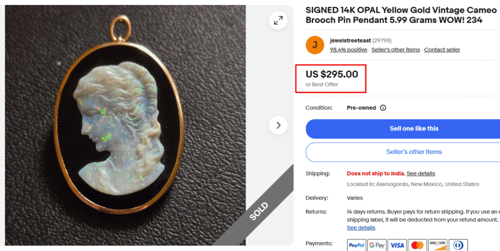 Vintage Opal Gold Cameo Pendant