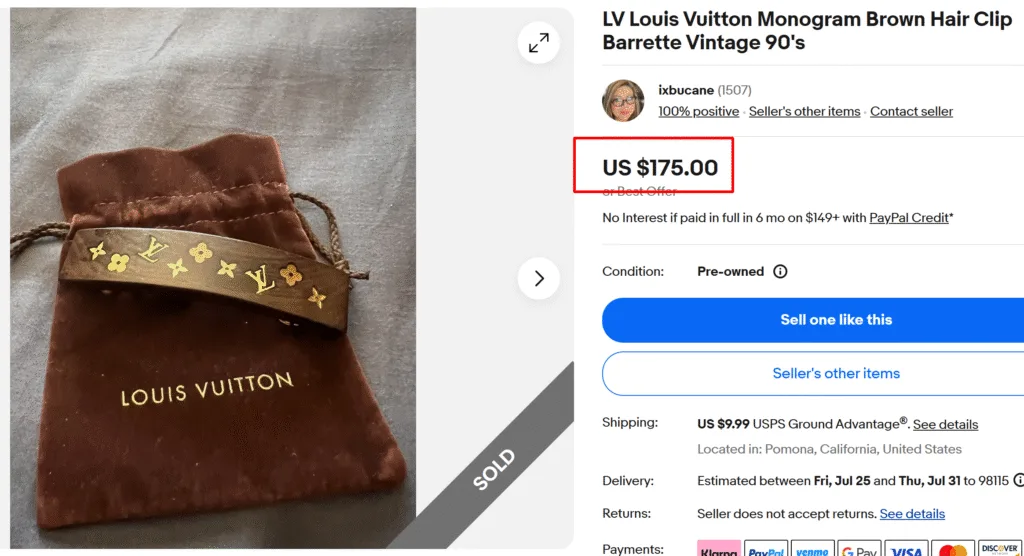 90s Louis Vuitton Monogram Brown Hair Clip Barrette
