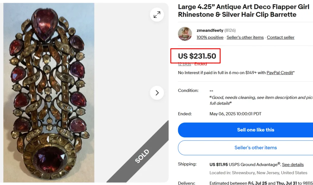Art Deco Rhinestone & Silver Hair Clip Barrette