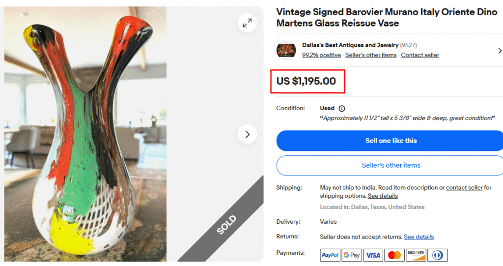 Barovier Murano Oriente Dino Martens Signed Vase