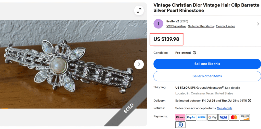 Christian Dior Silver Pearl Rhinestone Barrette Clip