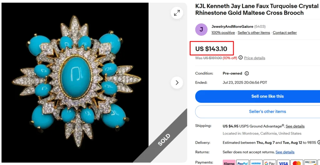 Kenneth Jay Lane Faux Turquoise Rhinestone Maltese Cross Brooch