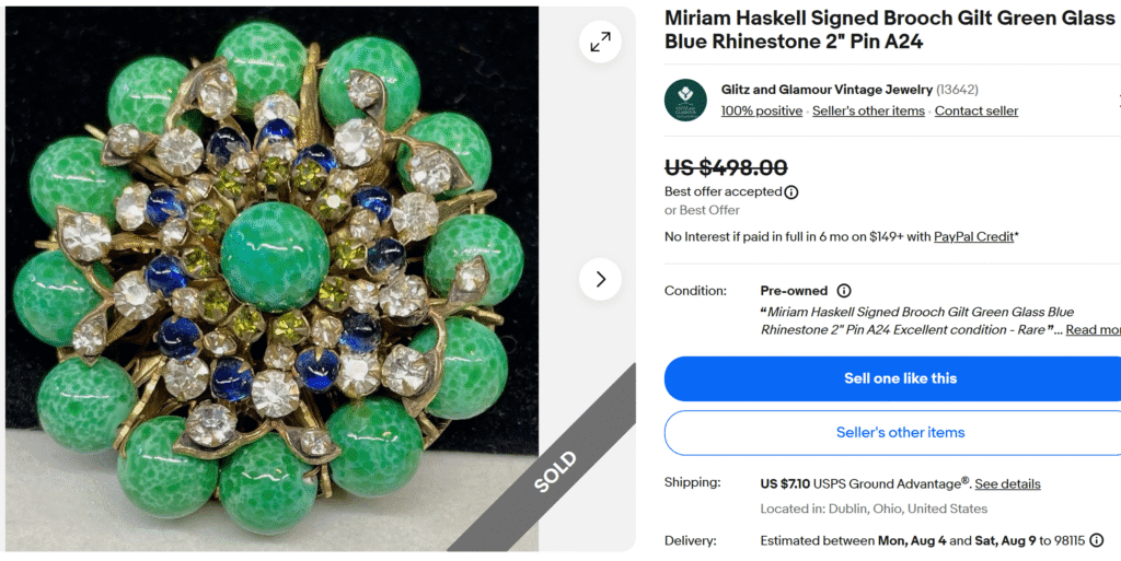 Miriam Haskell Signed Brooch Gilt Rhinestone Pin