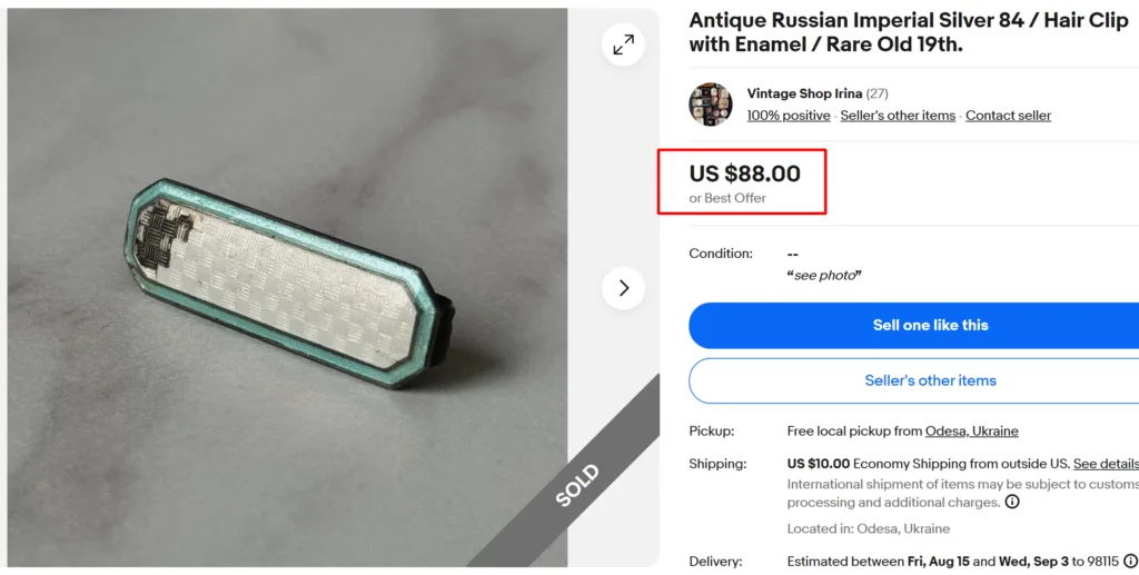 Russian Imperial Silver Enamel Hair Clip