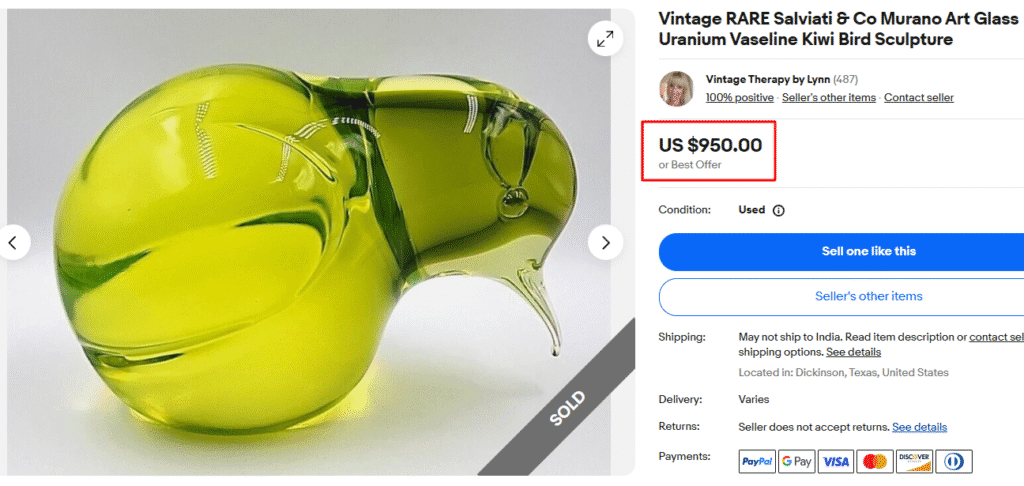 Salviati & Co. Uranium Vaseline Kiwi Bird Sculpture