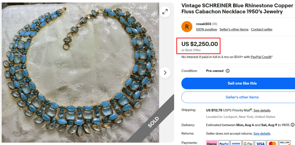 Schreiner Blue Rhinestone Cabachon Necklace