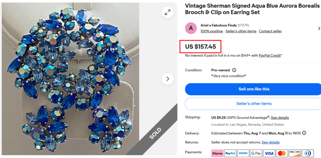 Sherman Aqua Blue Aurora Borealis Brooch & Earring Set