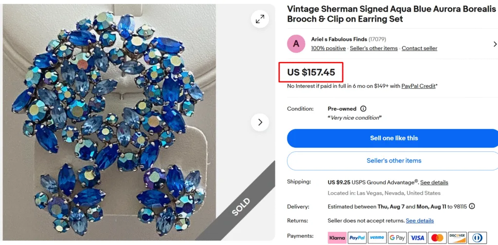 Sherman Aqua Blue Aurora Borealis Brooch & Earring Set