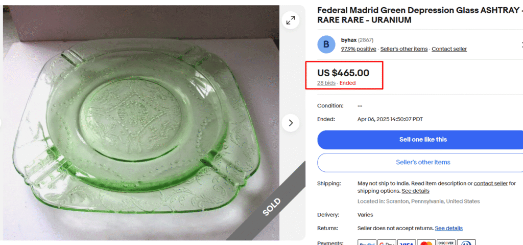 Vintage Green Depression Glass Ashtray
