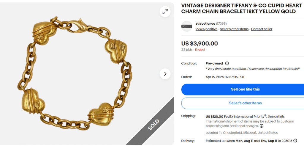 Vintage Tiffany Golden Heart Charm Bracelet