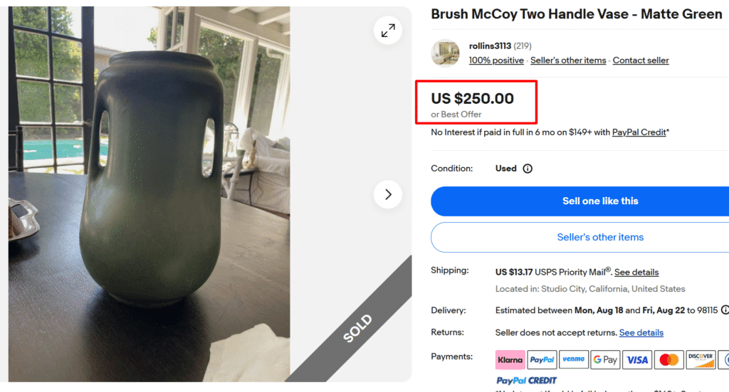 Brush McCoy Matte Green Two Handle Vase