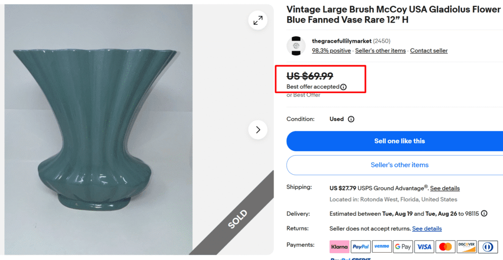 Brush McCoy USA Blue Gladiolus Fanned Vase