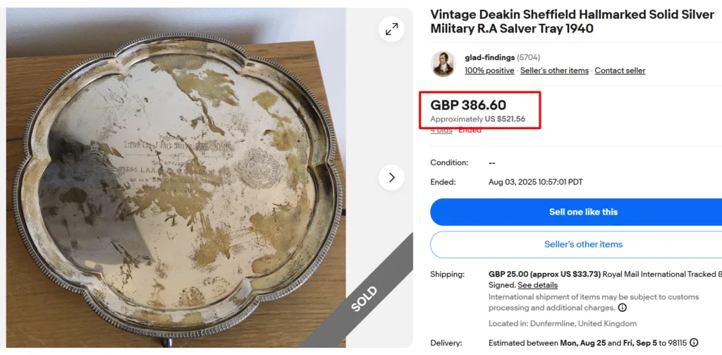 Deakin Sheffield Solid Silver Military Tray