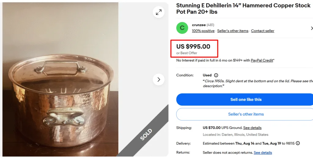 E. Dehillerin Hammered Copper Stock Pot Pan