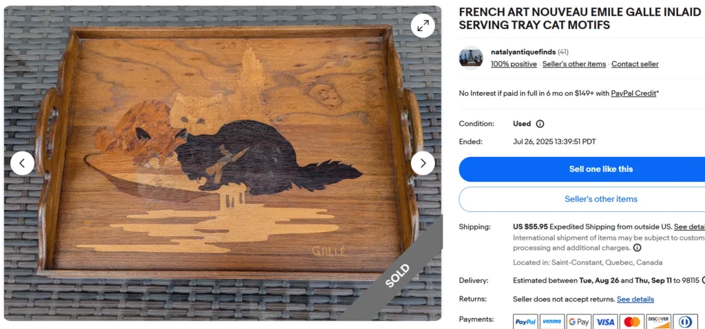 French Emile Galle Inlaid Cat Motif Serving Tray