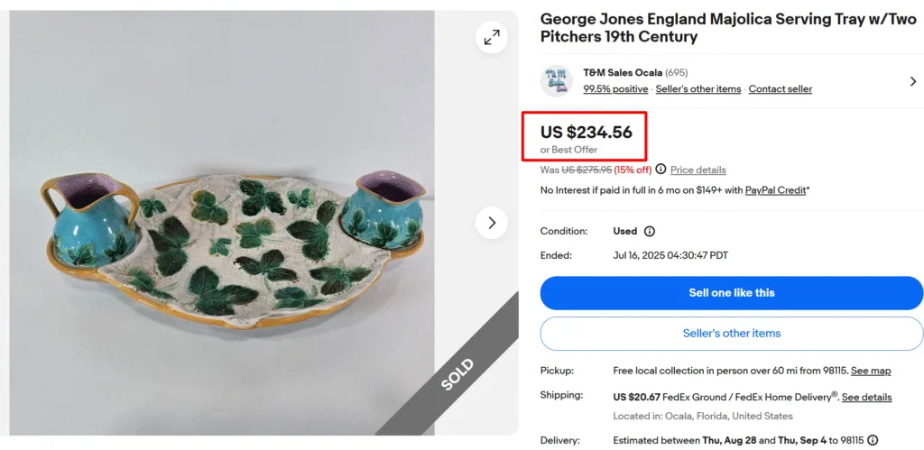 George Jones Majolica Serving Tray with Two Tiny Pitchers