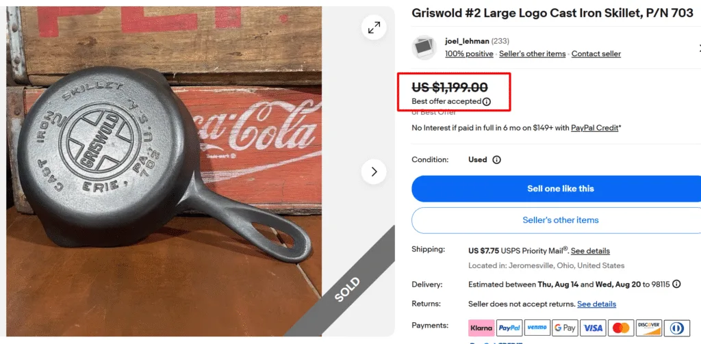 Griswold #2 Cast Iron Skillet