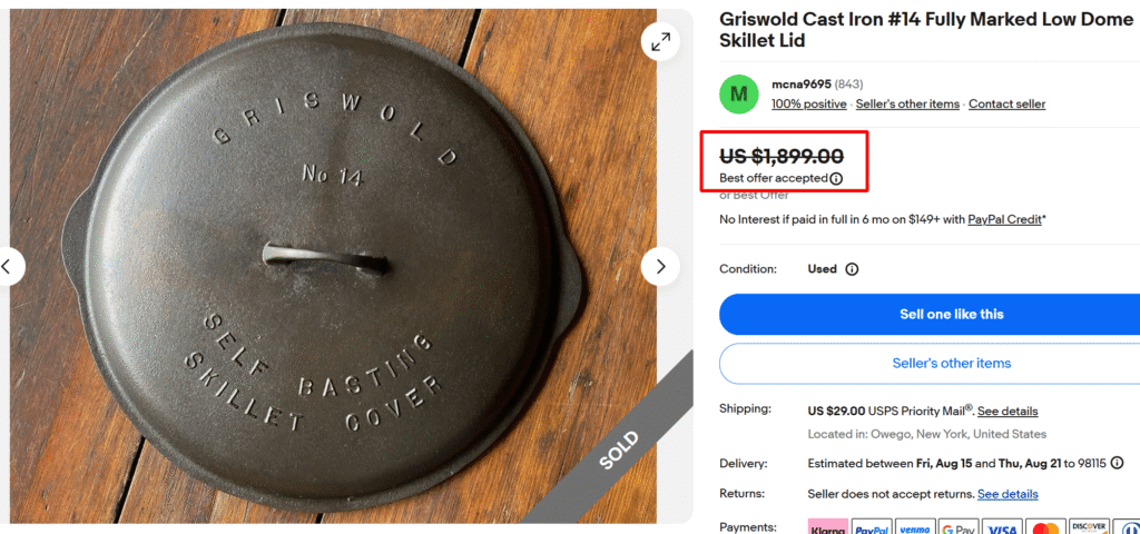 Griswold Cast Iron Low Dome Skillet Lid