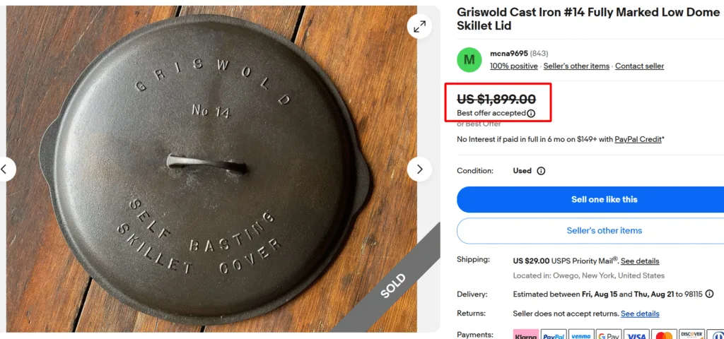 Griswold Cast Iron Low Dome Skillet Lid