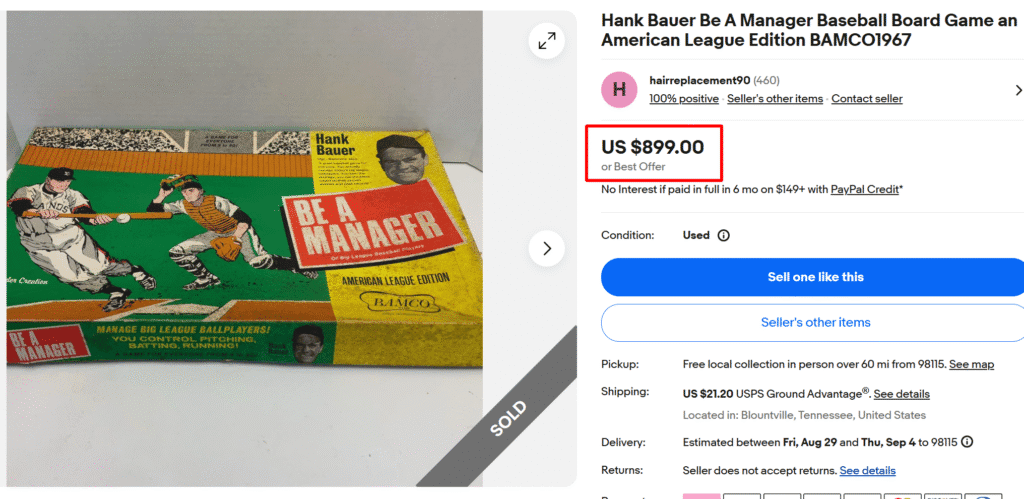 Hank Bauer Be-A-Manager Baseball Board Game