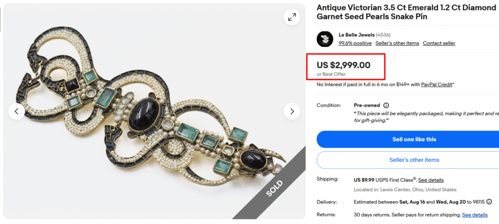 Victorian Emerald Diamond Garnet Seed Pearl Snake Pin