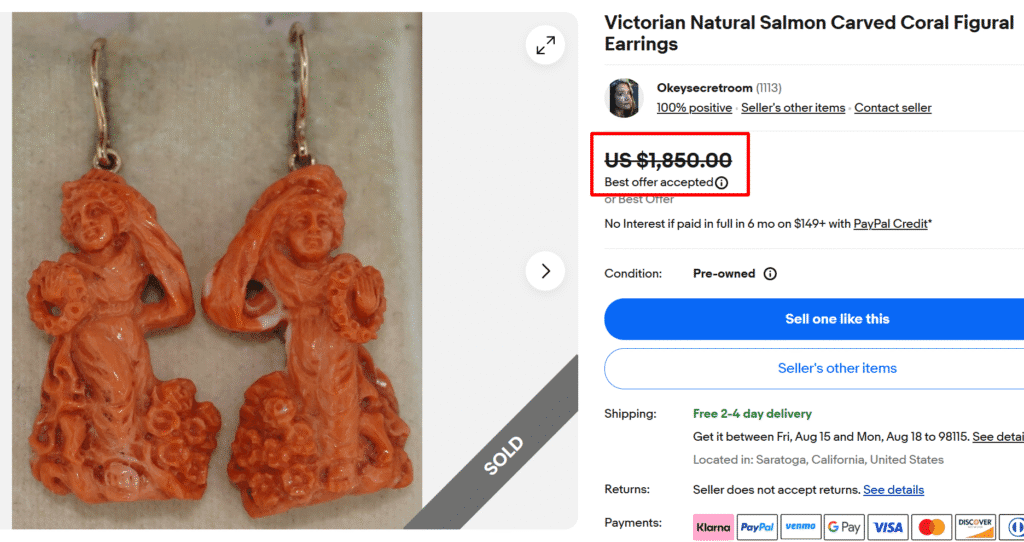 Victorian Salmon Carved Coral Figurial Earrings