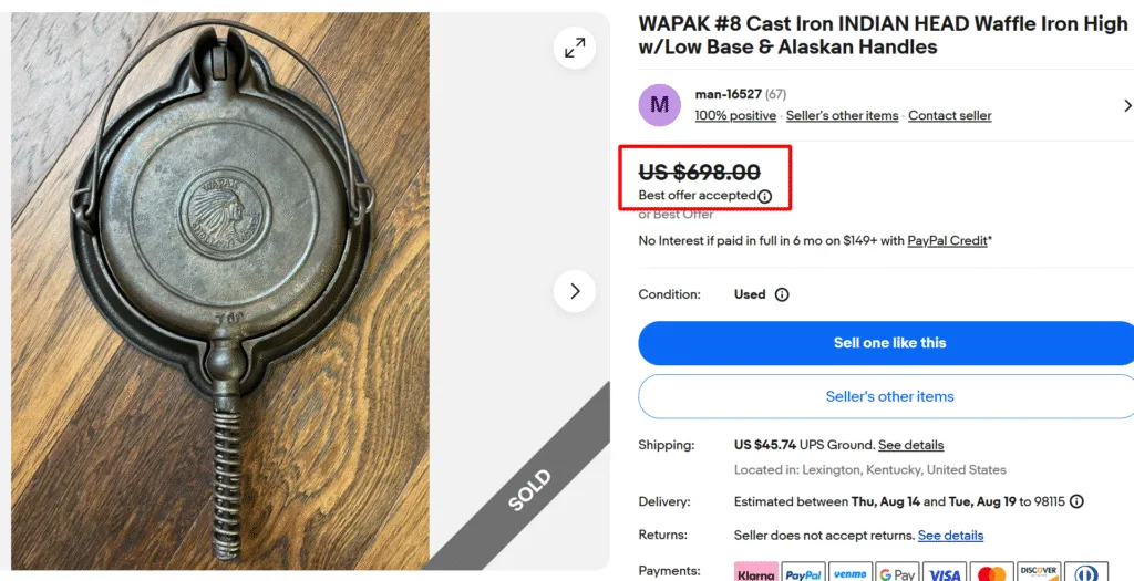 Wapak Indian Head Cast Iron Waffle Iron