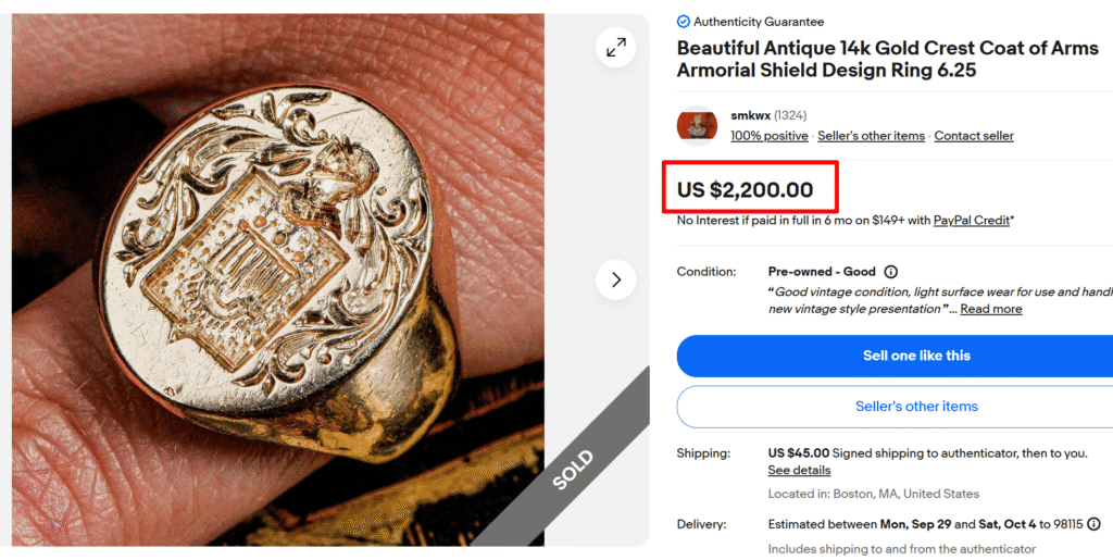 14K Gold Crest Coat of Arms Armorial Shield Signet Ring