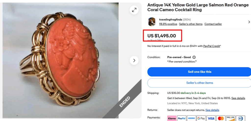 14k Gold Coral Cameo Cocktail Ring