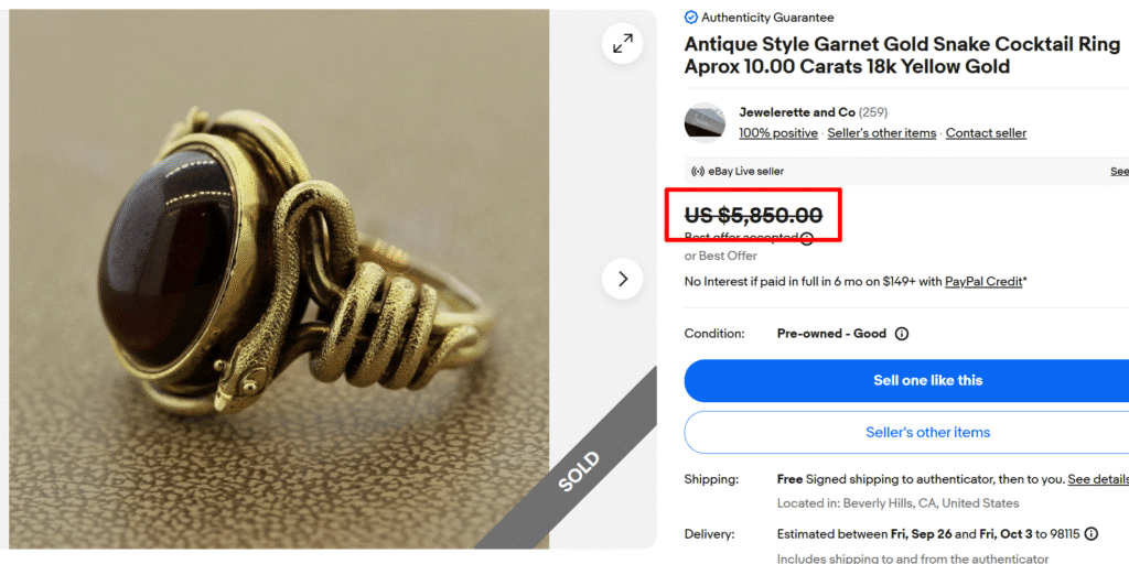 18K Gold Garnet Serpent Ring