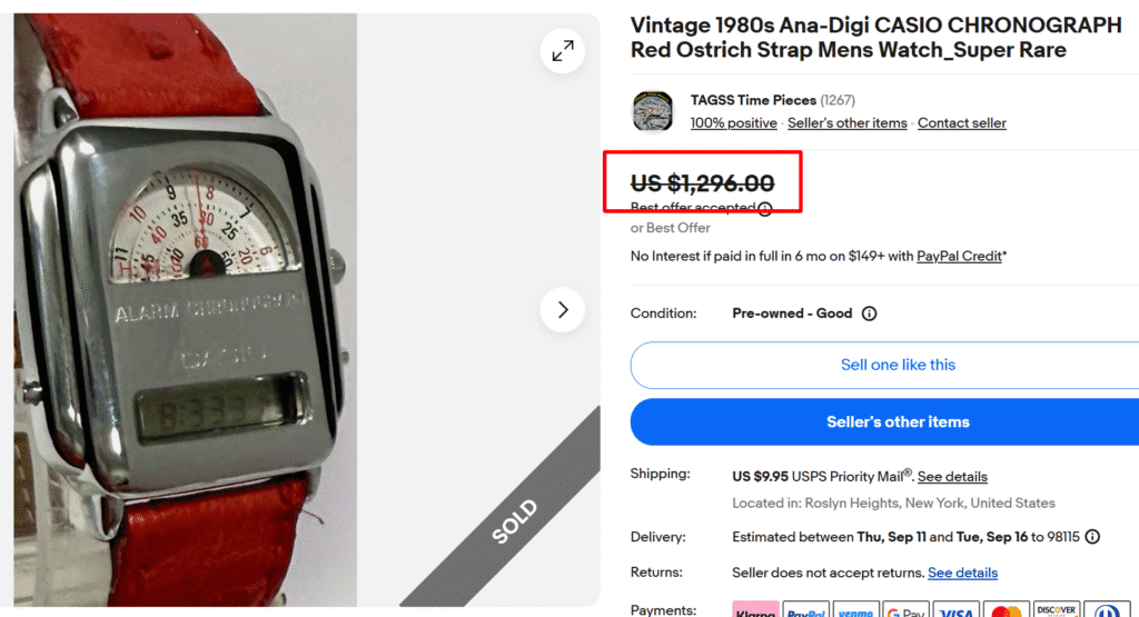 1980s Ana-Digi Casio Chronograph Red Ostrich Strap Watch