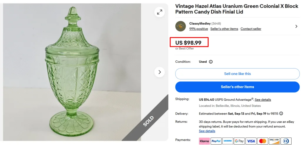 Block Pattern Uranium Glass Candy Dish by Hazel Atlas