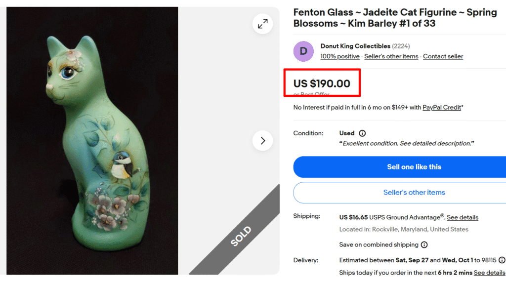 Fenton Glass Spring Blossom Jadeite Cat Figurine