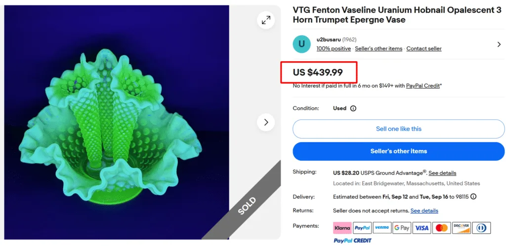 Fenton Uranium Hobnail Trumpet Epergne Vase